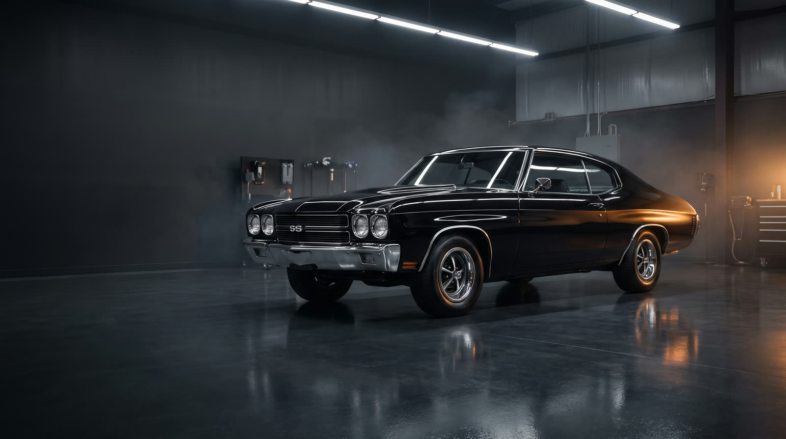Classic black Chevelle SS after a full exterior detail, with mirror-gloss paint and shining chrome